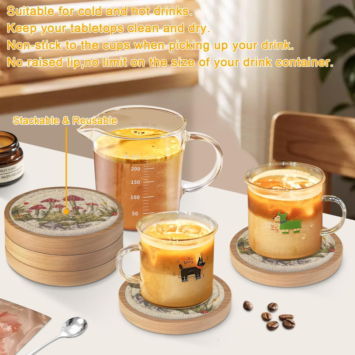 Wood Coasters for Drinks, Eykao Absorbent Coaster Sets of 5, Woven Drink Coasters for Coffee Table, Housewarming Gift for Farmhouse Home Decor,4 inches