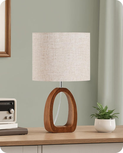 Small Table Lamp, 14.2" Cute Little Desk Lamp, Wood Bedside Lamp with Linen Lampshade, Modern Nightstand Lamp for Bedroom, E26 Base, Bulb Not Included, Beige and Dark Natural LE07TL05