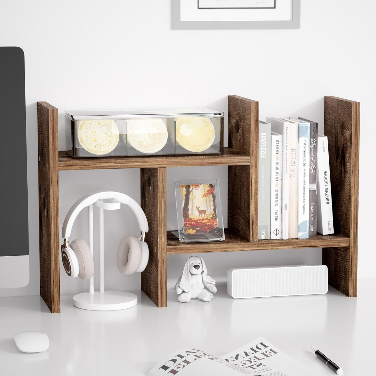 Jerry & Maggie Desktop Organizer Office Storage Rack Adjustable Wood Display Shelf Free Style Double H, Multi-Functional Mini Bookshelf for Desk Natural Stand (White)