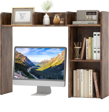 Desktop Bookshelf, Countertop Storage Hutch with 5 Shelves for Computer Desk, Desk 3-Tier Display Rack, Multipurpose Wood Desktop Hutch Storage Organizer for Dorm Office Home