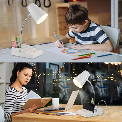 LALISU Study Desk Lamp with USB Charging and Type-C Night Light, Gooseneck LED Table Lamp Stepless Dimming Study Table Lamp with Pen Holder for College Dorm Bedroom and Office (Black)