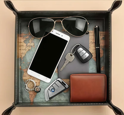 Valet Tray Desktop Storage Organizer – Vegan Leather Catchall Bedside Vanity Tray Nightstand Caddy Holder for Remote Controller, Watch, Keys, Phone, Wallet, Coin, Jewelry (Orange/Black)