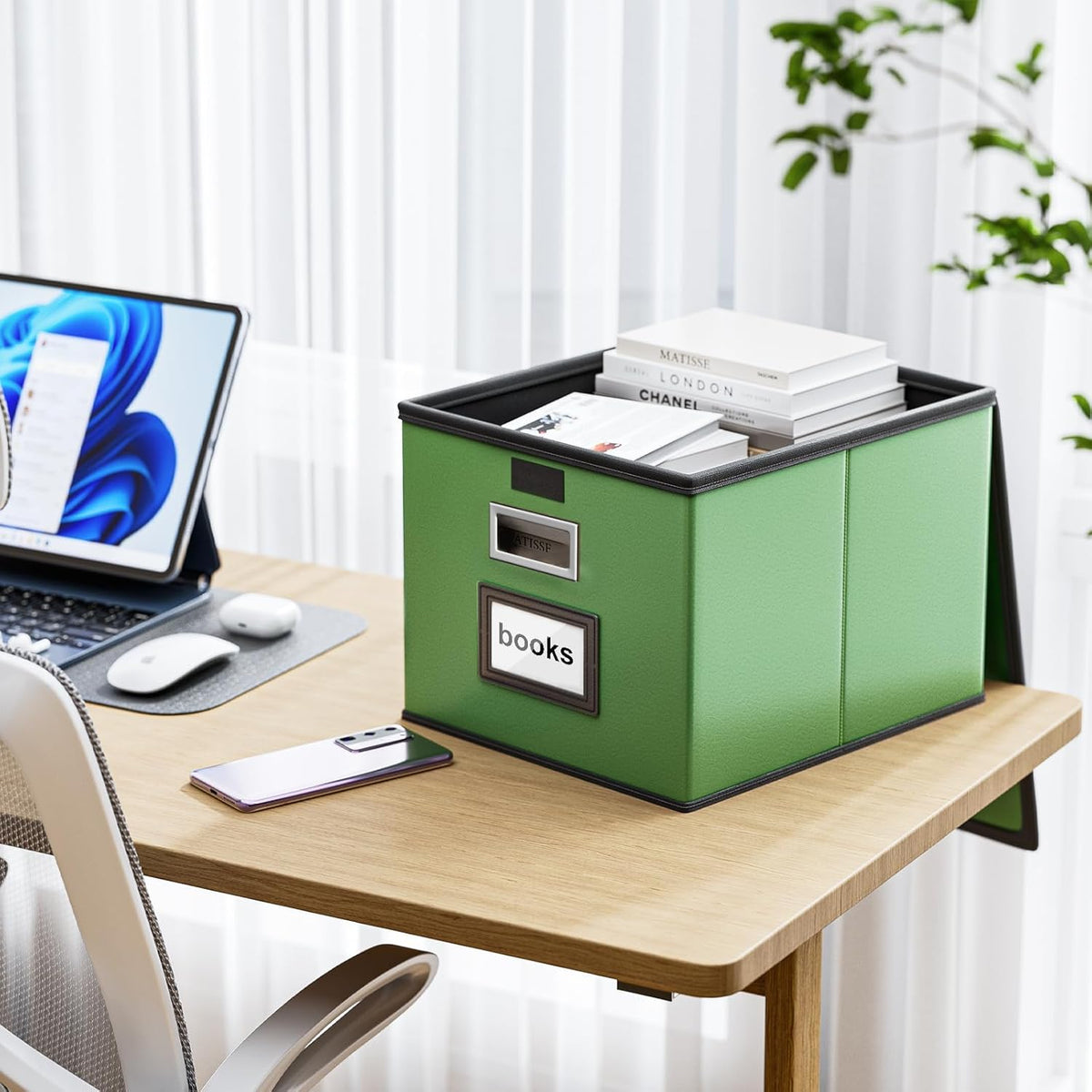 Upgraded Portable File Organizer Box with Lid, Collapsible Linen Hanging Filing Storage Boxes with Plastic Slides, Decorative Home/Office Filing System Box for File and Folders Storage (Gray)