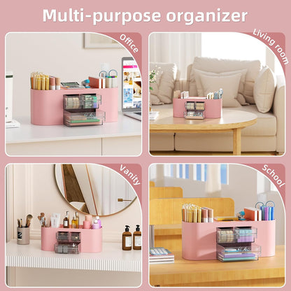 Marbrasse Desk Organizer Pen Holder for Desk with 3 Drawers, Multi-Functional Pencil Holder, Desk Organizers and Accessories with 7 Compartments for Home, School, Classroom(Pink)