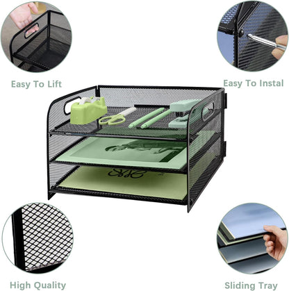 Paper Letter Tray with Handle, 3 Tier Metal Mesh Desk File Organizer, A4 Paper Desktop Filing Trays, Desk Tidy Magazine Document Holder for Home Office, Black
