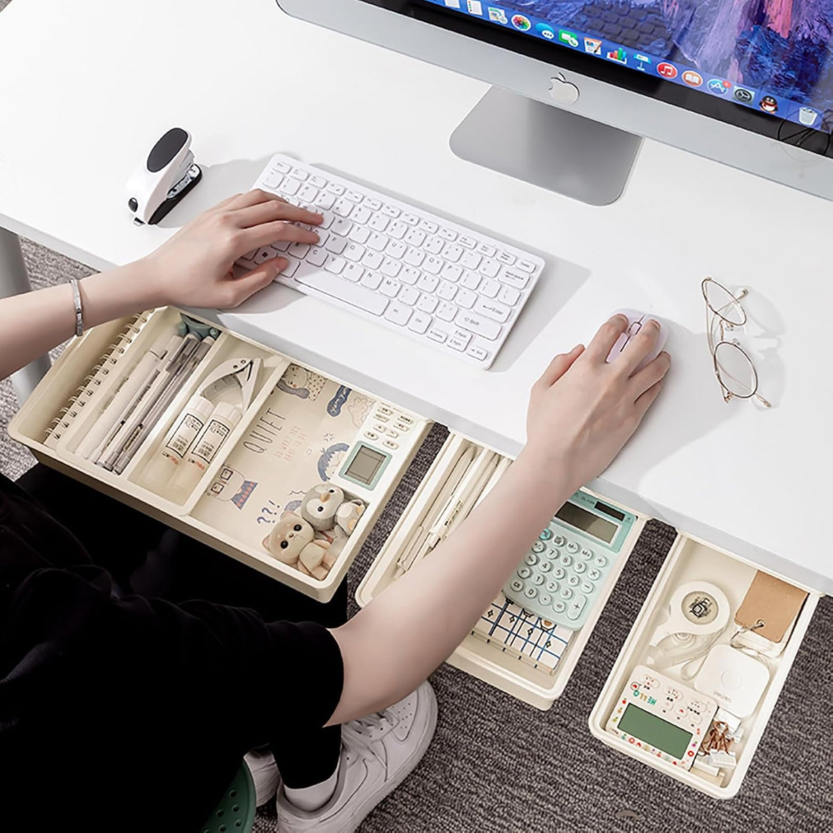 Cedilis 3 Pack Under Desk Drawer, Self-Adhesive Desk Organizer Drawers, Hidden Drawers Pencil Tray, Add a Drawer Under Table Easily, Attachable Desktop Organizer for Office School Home, Beige