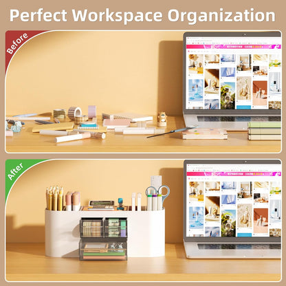 Marbrasse Desk Organizer Pen Holder for Desk with 3 Drawers, Multi-Functional Pencil Holder, Desk Organizers and Accessories with 7 Compartments for Home, School, Classroom(Pink)