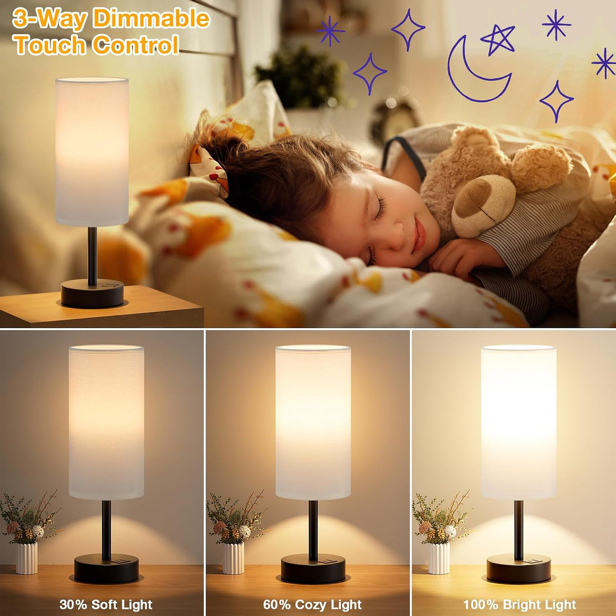Dicoool Bedside Table Lamp for Bedroom - 3-Way Dimmable Touch Lamp, USB A+C