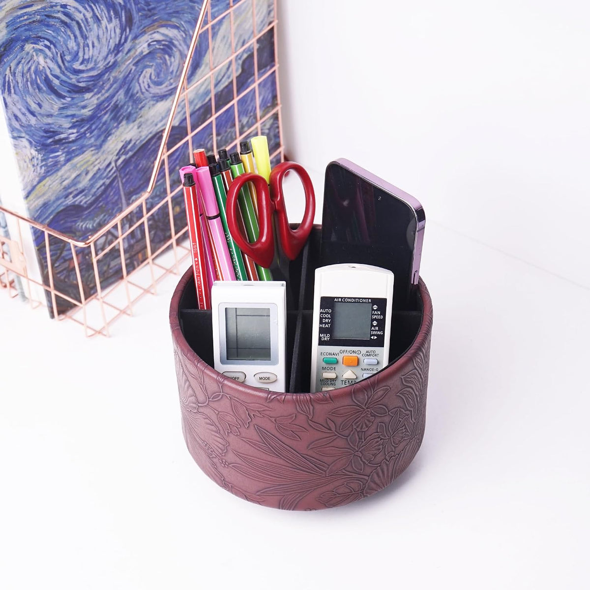 Round Leather Art Supply Organizer,Remote Control Holder,360 Degree Rotating,Multi-Functional Pencil Holder,4 Compartments Desktop Stationary Organizer(1-Blue Bird) - Colors C