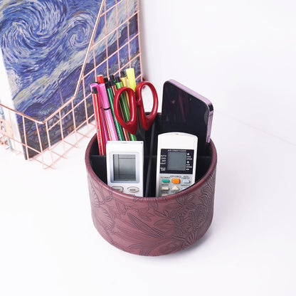 Round Leather Art Supply Organizer,Remote Control Holder,360 Degree Rotating,Multi-Functional Pencil Holder,4 Compartments Desktop Stationary Organizer(1-Blue Bird) - Colors C