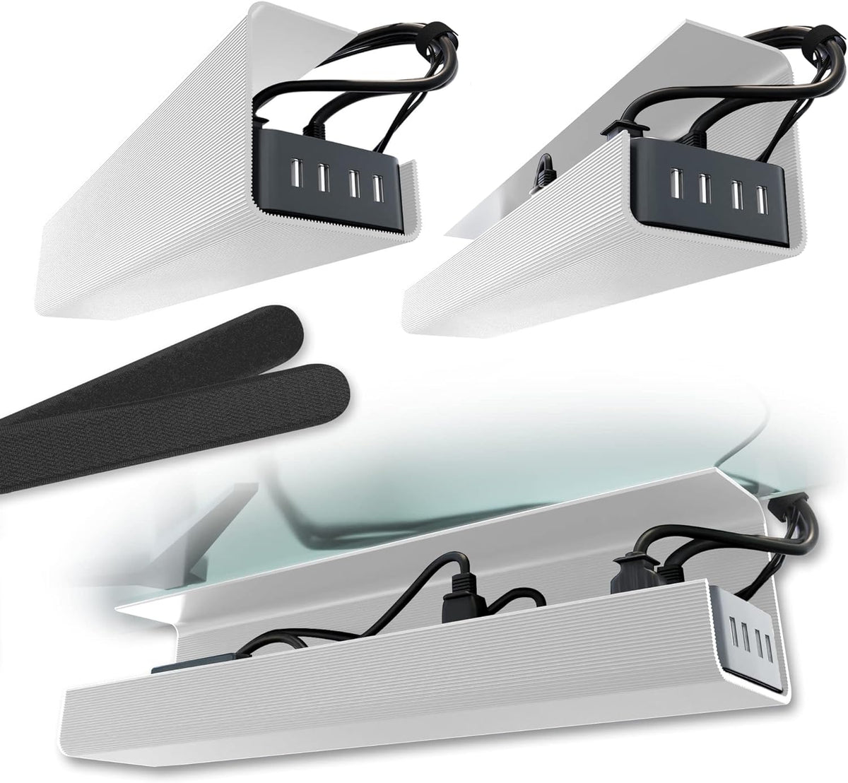 No-Screw Under Desk Cable Management Tray - Self-Adhesive Installation, Cord Management, Cable Tray, Under Desk Wire Organizer - Black Set of 2