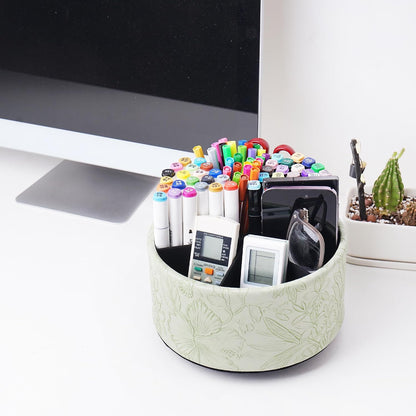 Round Leather Art Supply Organizer,Remote Control Holder,360 Degree Rotating,Multi-Functional Pencil Holder,4 Compartments Desktop Stationary Organizer(1-Blue Bird) - Colors B
