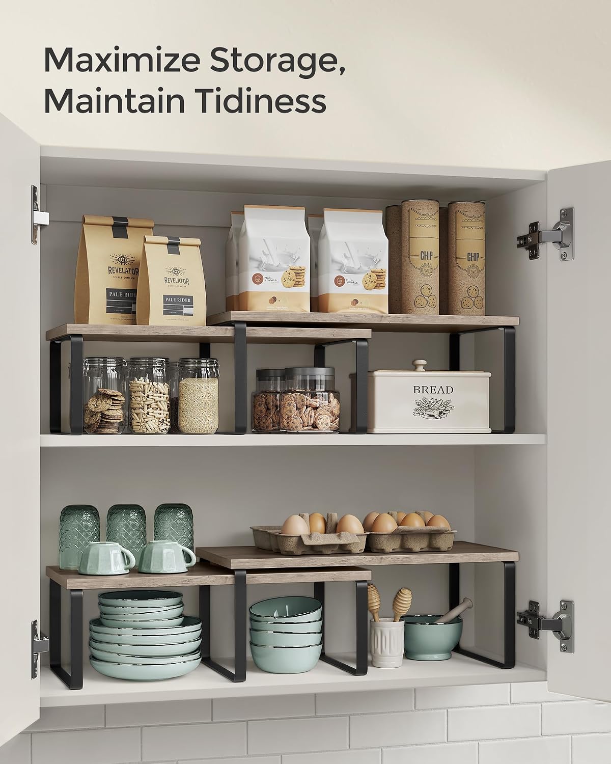 SONGMICS Cabinet Organizer Shelf, Set of 4 Kitchen Counter Shelves, Kitchen Storage, Spice Rack, Stackable, Expandable, Metal and Engineered Wood, Cloud White and Natural Beige UKCS010N01