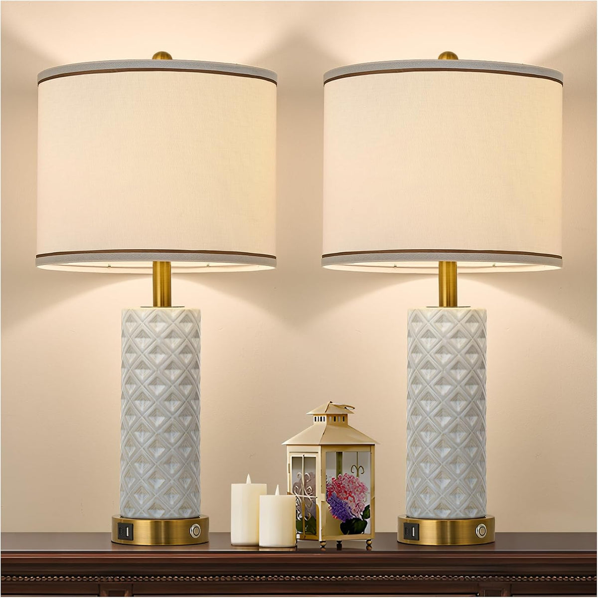 Small Bedside Table Lamp for Bedroom - Reading Desk Lamp with 3 Color Temperatures，15.5" Nightstand Ceramic Lamp with Fabric Shade for Kids Room,Living Room,Dorm,Home Office (Green)
