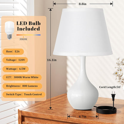 Seealle Touch Table Lamp for Bedroom, 3-Way Dimmable Small Bedside Lamps for Night Stands with Wires, Wood-Paint Desk Lamp for Kids Room, Office, Living Room, End Table(LED Bulb Included)