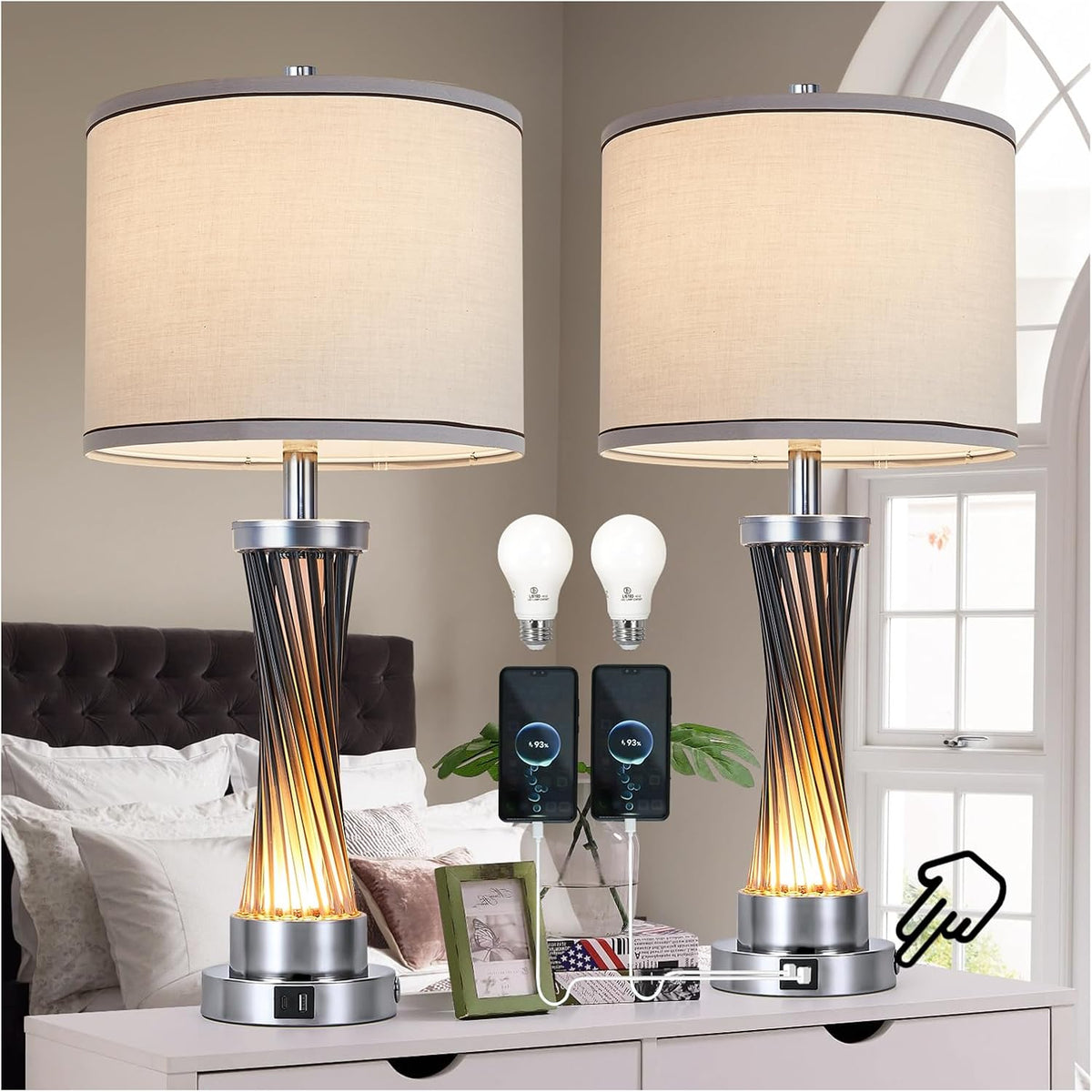 Small Bedside Table Lamp for Bedroom - Reading Desk Lamp with 3 Color Temperatures，15.5" Nightstand Ceramic Lamp with Fabric Shade for Kids Room,Living Room,Dorm,Home Office (Green)