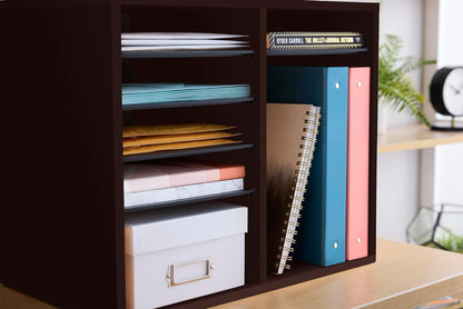 Safco 9422GR Wood Adjustable Literature & Paper Organizer, 16 Adjustable Compratment, Stackable Durable Construction, Home, Office, Mailroom, Classroom Mailbox , Gray