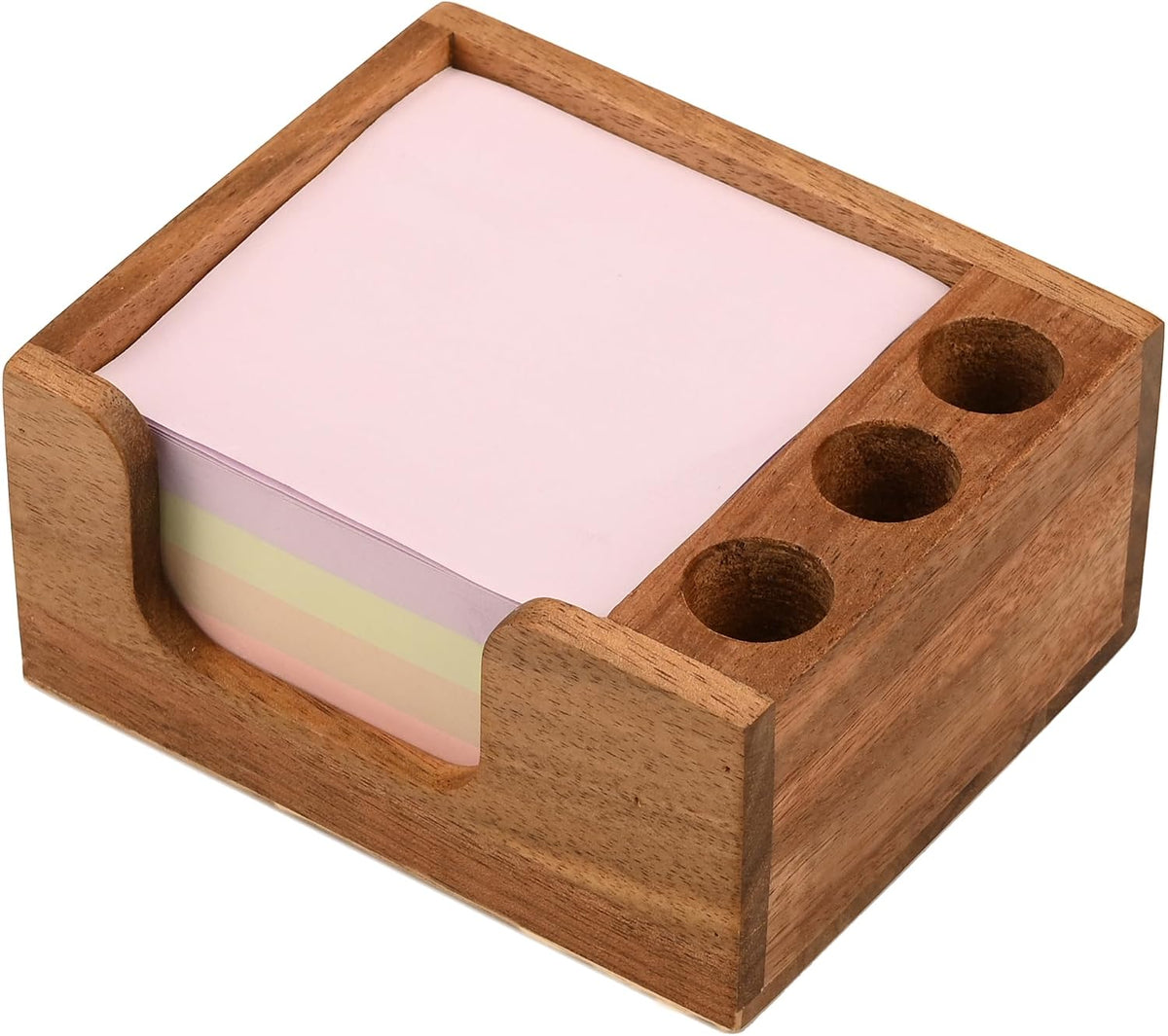 Acacia Wood Sticky Note Holder with 3 Pen Holders, 3x3 Post It Note Dispenser with Anti-Slip Pads, All-in-One Wooden Desk Organizer for Office Home School (4.0“x3.5"x2")