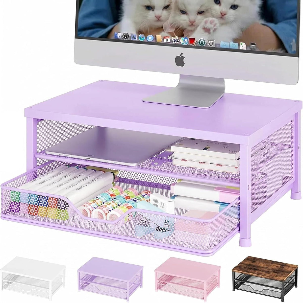 Desk Organizers and Accessories, Computer Monitor Stand Riser with Drawer and 2 Pen Holders, Printer & Laptop Stand, Office Desk Accessories & Workspace Organizers for Home Office Supplies, Black