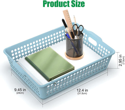 QRRICA 6 Pack Plastic Classroom Storage Baskets, Paper Trays for Classroom Organization & Turn in Trays for Teachers, Students, Desk Organizer Bin 13.8x10.6x3.1 Inch (Rainbow)