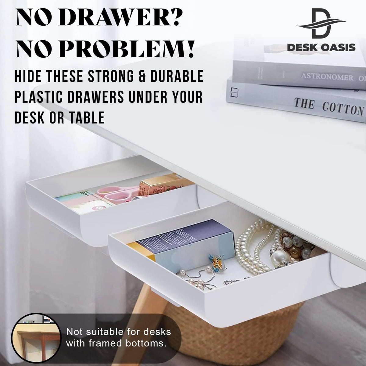 2 Pack Under Desk Drawer Organizer, Slide Out Storage for Pens, Cables & Office Accessories with Self Adhesive, No Drill Installation, Hidden Desk Storage for Office and Home