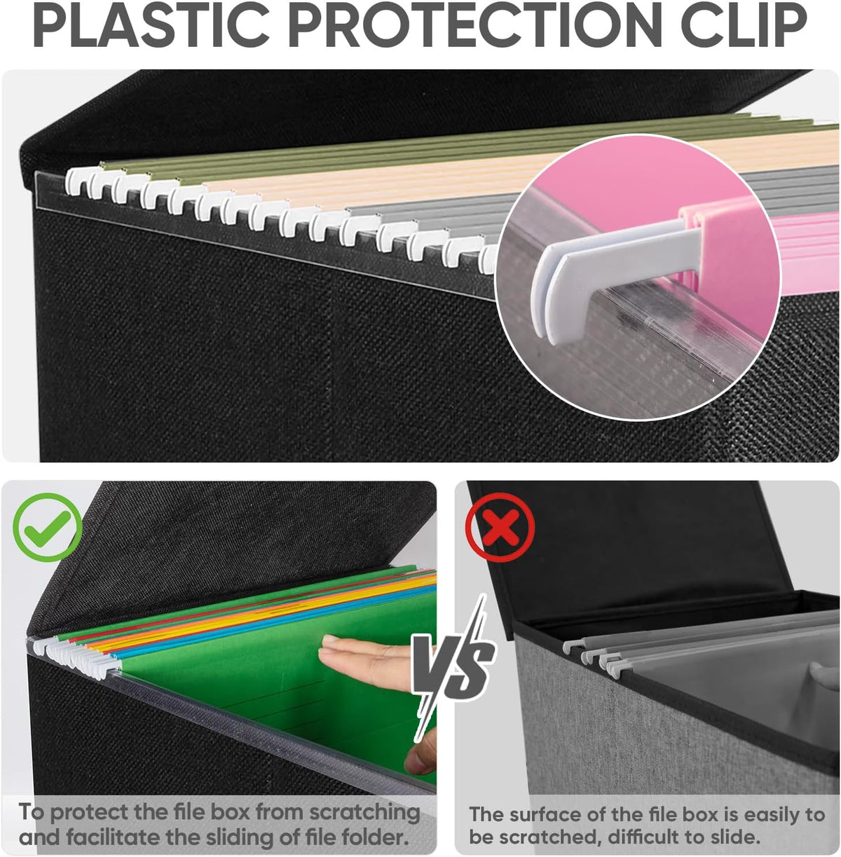 BALEINE File Organizer Box with Lid, Collapsible File Folder Organizer with Plastic Slide, Hanging File Folder Box for Office Document Storage (Black)