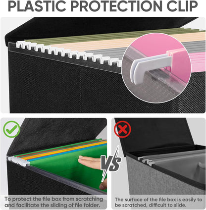 BALEINE File Organizer Box with Lid, Collapsible File Folder Organizer with Plastic Slide, Hanging File Folder Box for Office Document Storage (Black)
