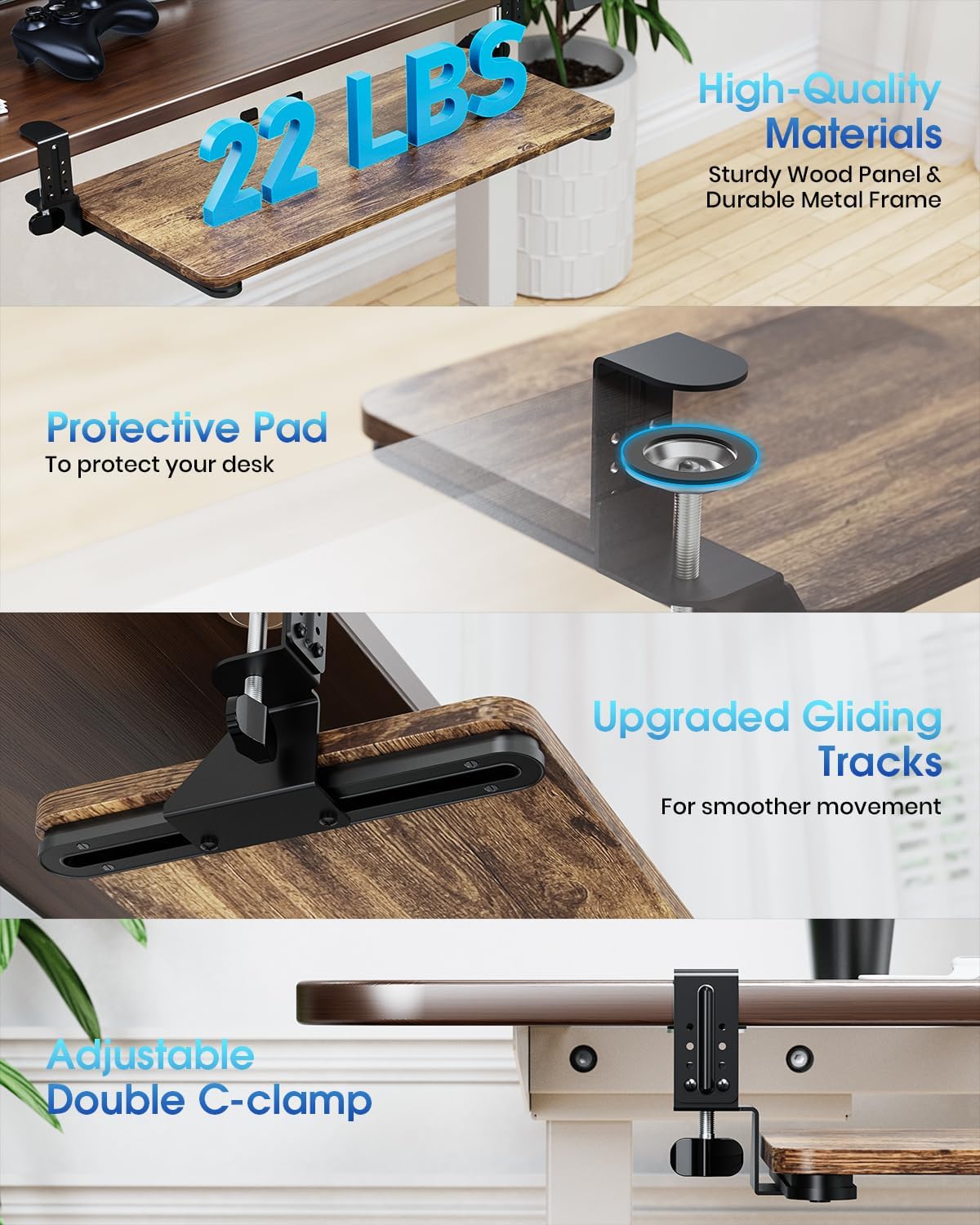 Small Keyboard Tray Under Desk, Pull Out Keyboard & Mouse Tray with Adjustable C-clamp, 20(25.9 Including Clamps) x 11.8 Inch Slide Out Computer Keyboard Drawer Mouse Tray for Typing, Walnut