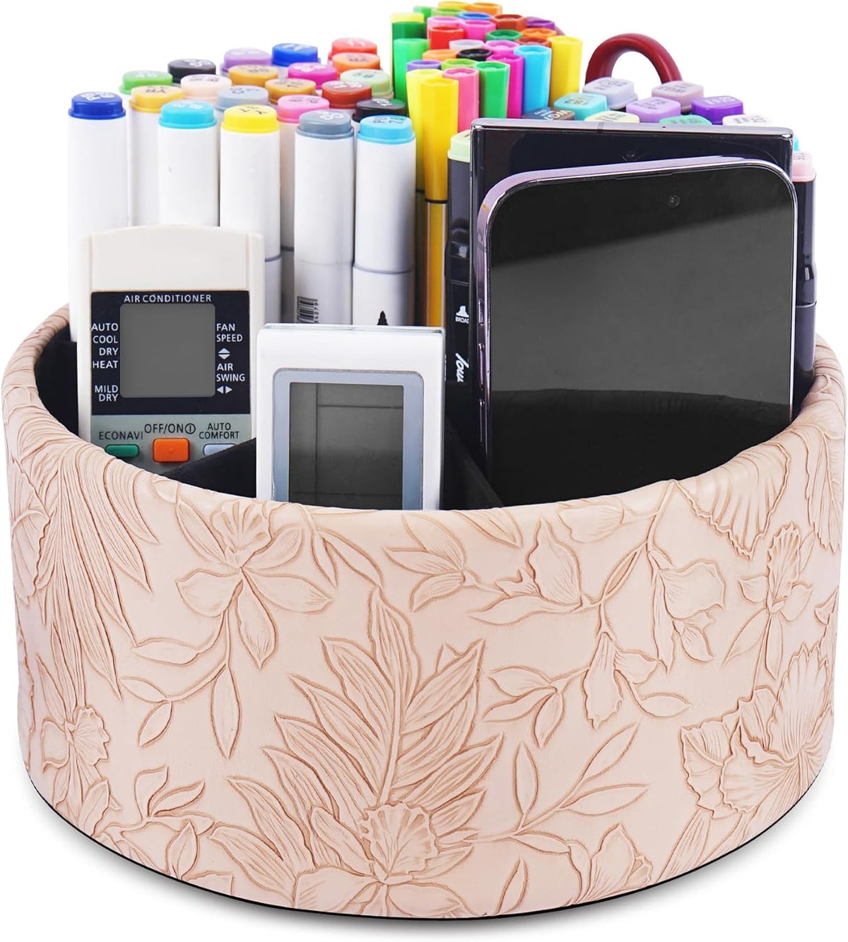 Round Leather Art Supply Organizer,Remote Control Holder,360 Degree Rotating,Multi-Functional Pencil Holder,4 Compartments Desktop Stationary Organizer(1-Blue Bird) - Colors B