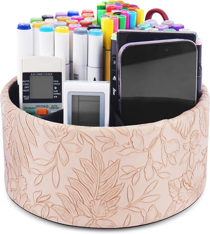 Round Leather Art Supply Organizer,Remote Control Holder,360 Degree Rotating,Multi-Functional Pencil Holder,4 Compartments Desktop Stationary Organizer(1-Blue Bird) - Colors B