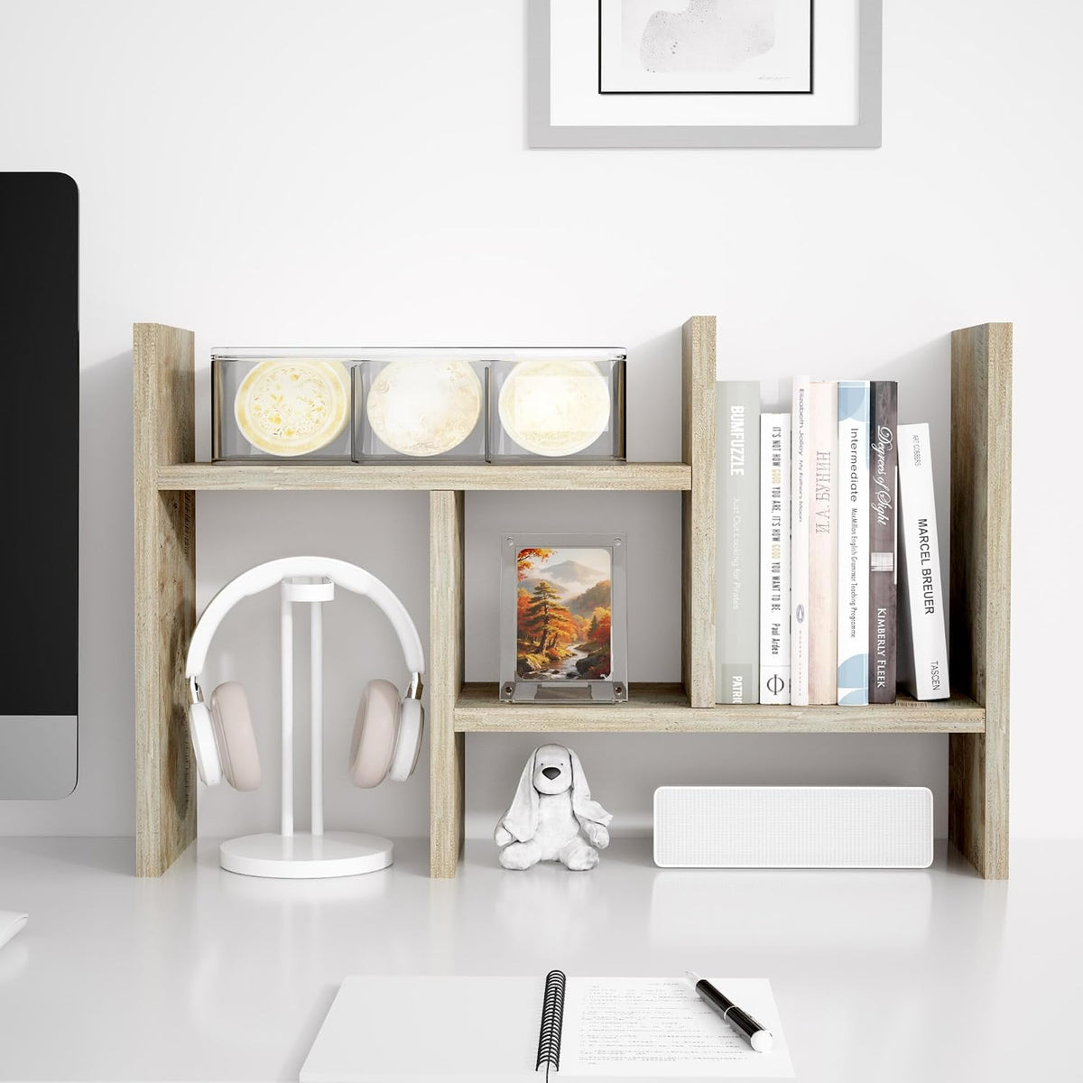 Jerry & Maggie Desktop Organizer Office Storage Rack Adjustable Wood Display Shelf Free Style Double H, Multi-Functional Mini Bookshelf for Desk Natural Stand (White)