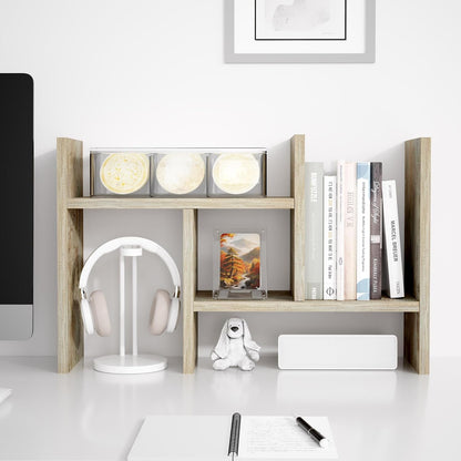 Jerry & Maggie Desktop Organizer Office Storage Rack Adjustable Wood Display Shelf Free Style Double H, Multi-Functional Mini Bookshelf for Desk Natural Stand (White)