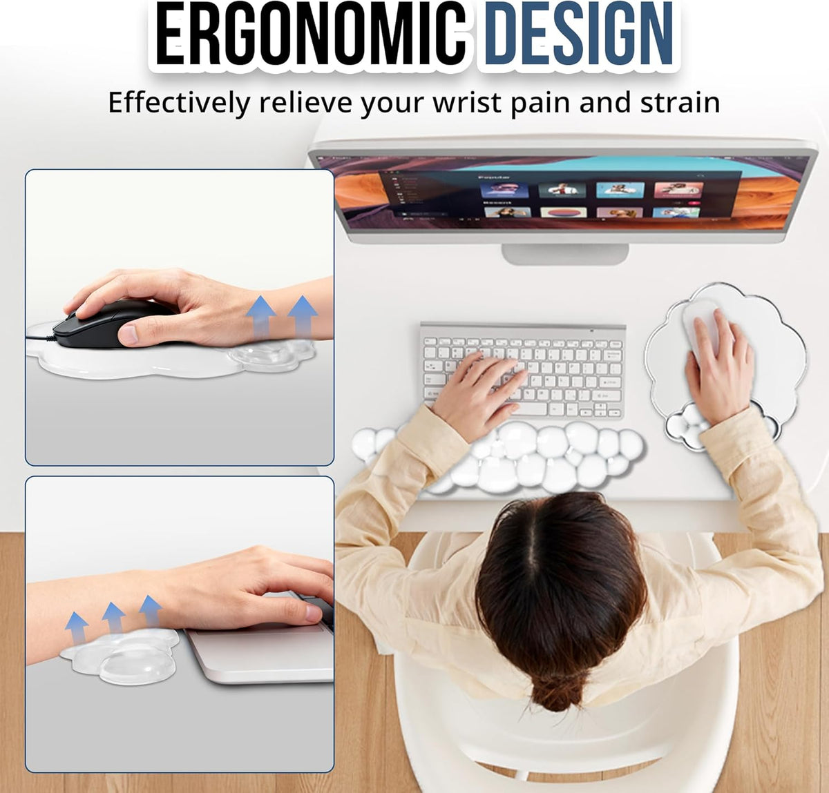 Keyboard Wrist Rest Set — Ergonomic Cloud Gel Wrist Rest Keyboard and Mouse Pad, Non-Slip Desk Accessories for Office and Home（White）