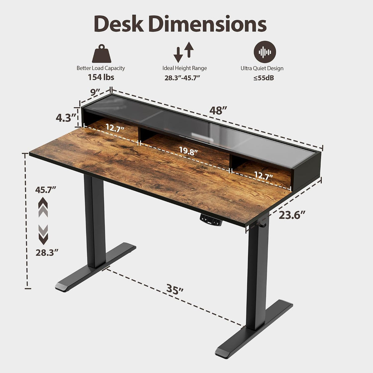 48 * 24 Inch Electric Standing Desk with Shelf & Led, Dark Walnut