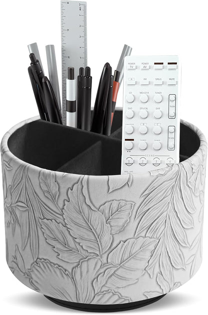 Round Leather Art Supply Organizer,Remote Control Holder,360 Degree Rotating,Multi-Functional Pencil Holder,4 Compartments Desktop Stationary Organizer(1-Blue Bird) - Colors C