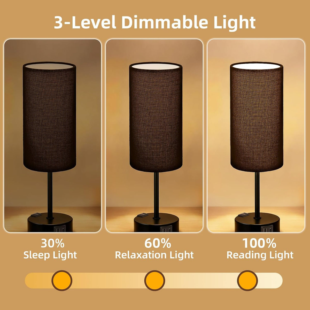 Table Lamp for Nightstand, High-Sensitivity Touch, 3-Level Dimmable Bedside Lamp with AC Outlet | USB | and USB-C, Ideal Night Stand Lamp for Bedroom, Reading, Living Room(Warm&Wooden)