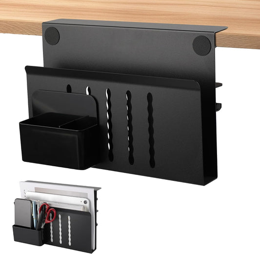 Desk Side Storage with Pen Holder, No Drill Hanging Desk Organizer Under Desk Storage Mount, Clamp-On Laptop Holder Table Side Tray Desktop Organization for Office and Home (Black)