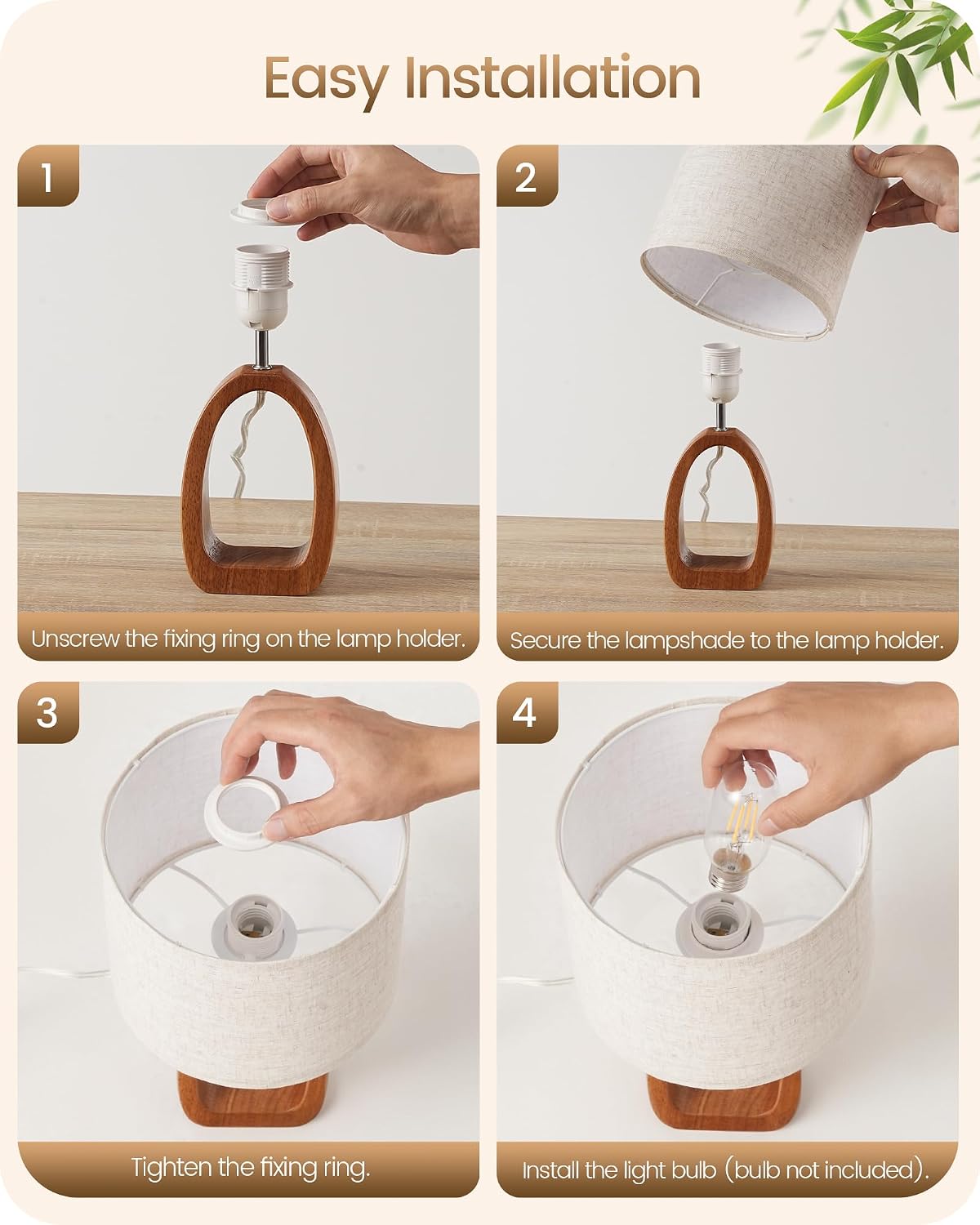 Small Table Lamp, 14.2" Cute Little Desk Lamp, Wood Bedside Lamp with Linen Lampshade, Modern Nightstand Lamp for Bedroom, E26 Base, Bulb Not Included, Beige and Dark Natural LE07TL05