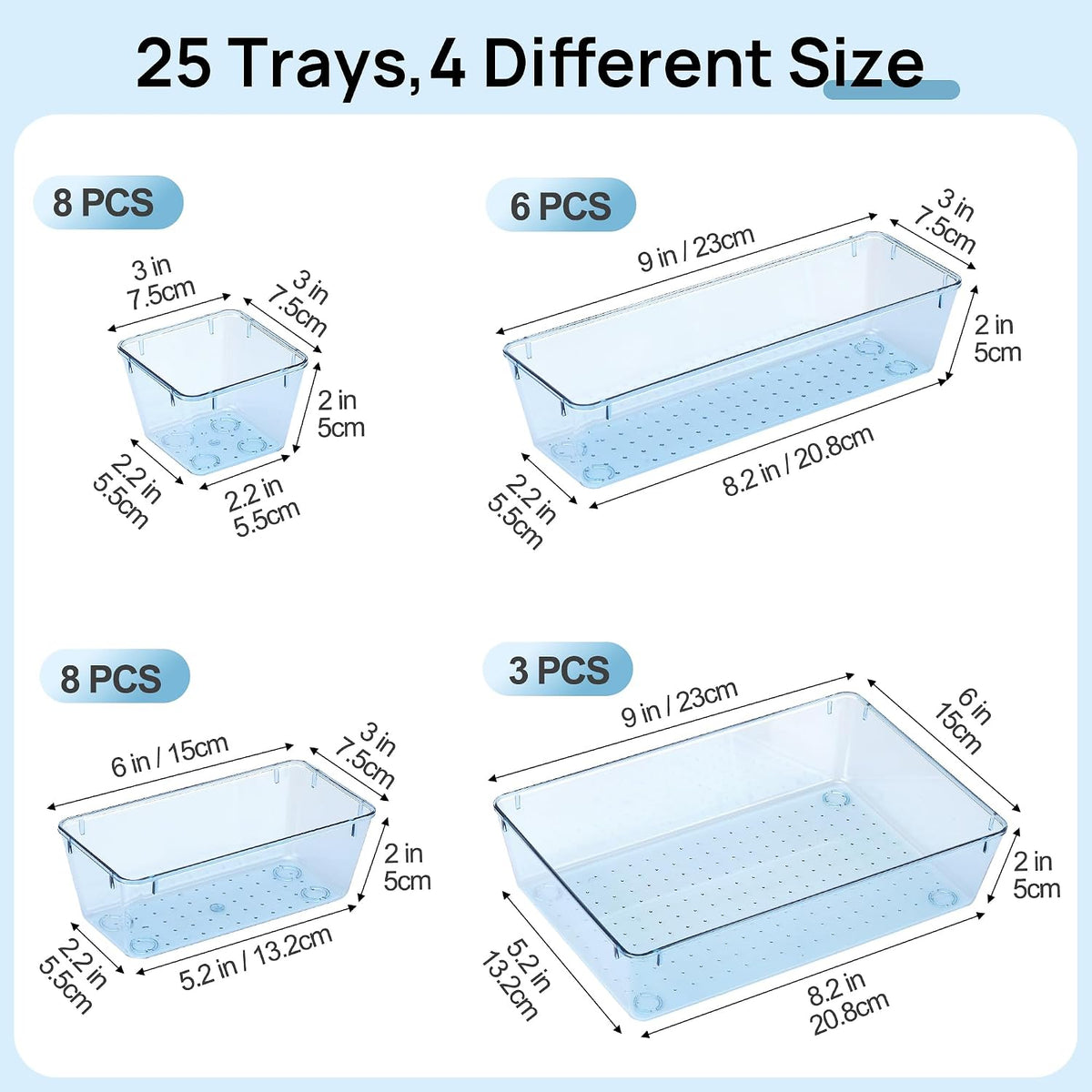 Vtopmart 25 PCS Clear Plastic Drawer Organizers Set, 4-Size Versatile Bathroom and Vanity Drawer Organizer Trays, Storage Bins for Makeup, Bedroom, Kitchen Gadgets Utensils and Office