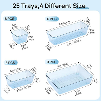Vtopmart 25 PCS Clear Plastic Drawer Organizers Set, 4-Size Versatile Bathroom and Vanity Drawer Organizer Trays, Storage Bins for Makeup, Bedroom, Kitchen Gadgets Utensils and Office