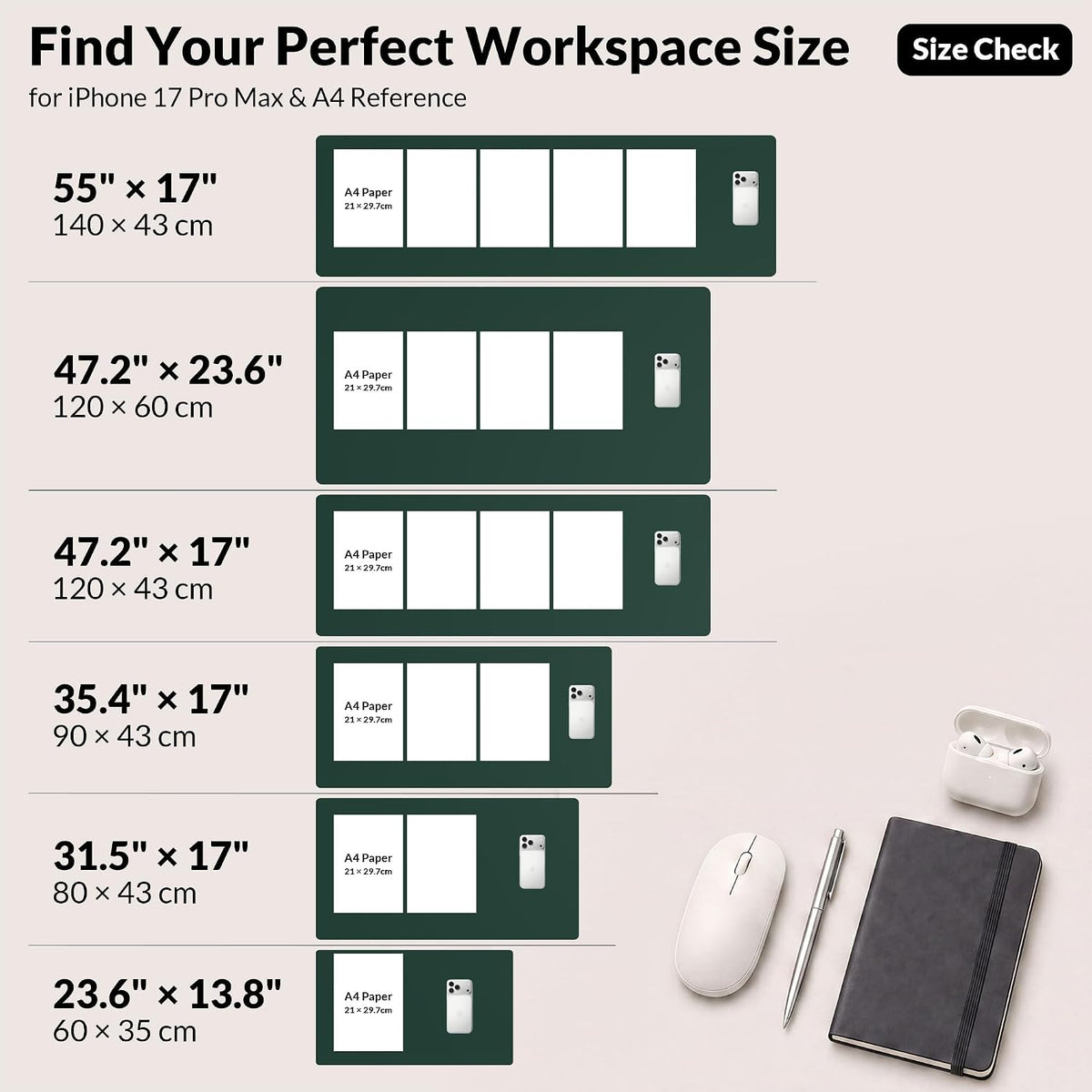 Large Desk Mat, 47" x 17", Black