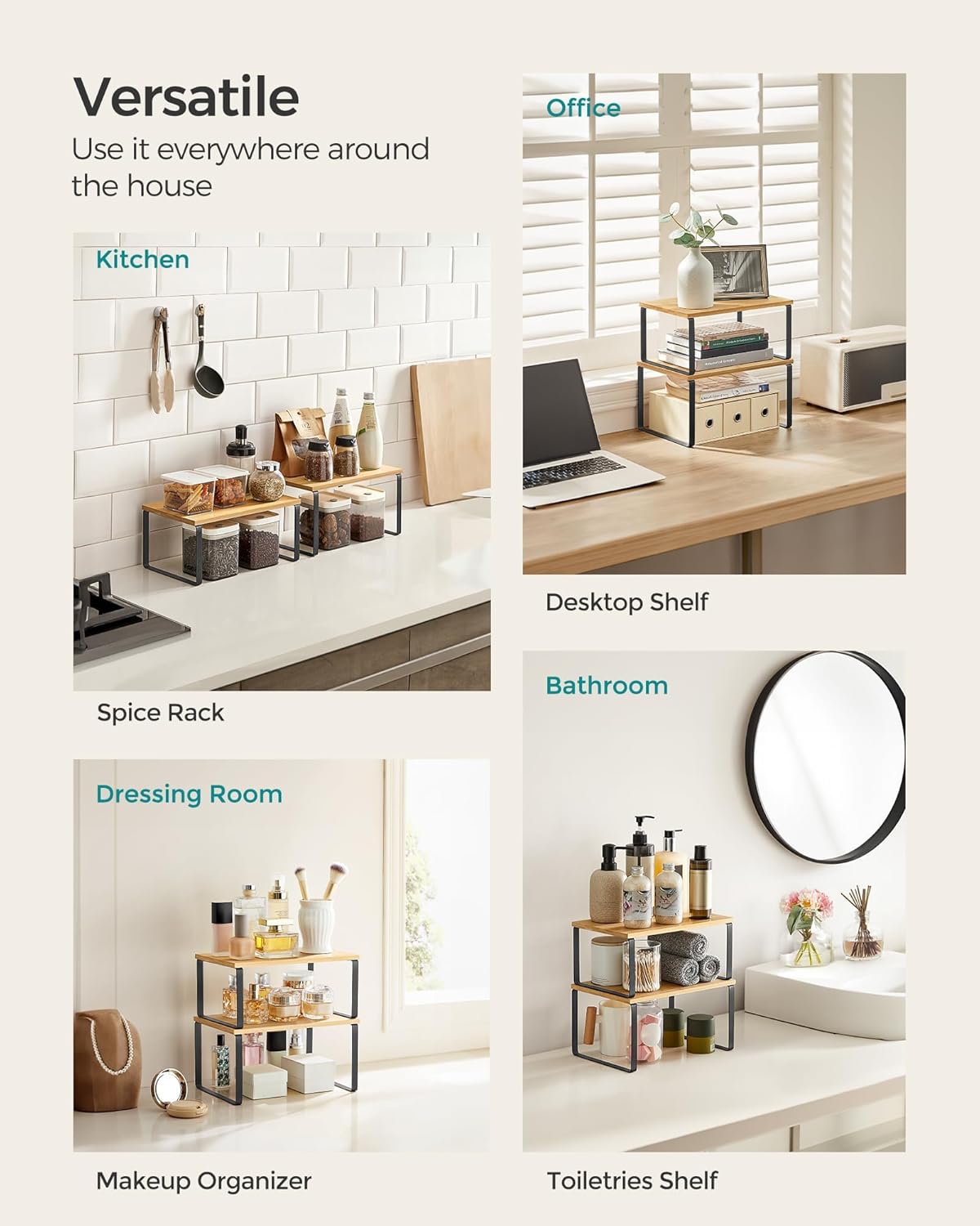 SONGMICS Cabinet Organizer Shelf, Set of 4 Kitchen Counter Shelves, Kitchen Storage, Spice Rack, Stackable, Expandable, Metal and Engineered Wood, Cloud White and Natural Beige UKCS010N01