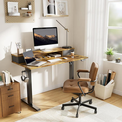 48 * 24 Inch Electric Standing Desk with Shelf & Led, Dark Walnut