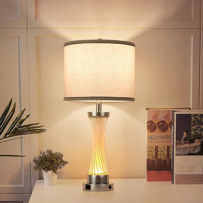 Small Bedside Table Lamp for Bedroom - Reading Desk Lamp with 3 Color Temperatures，15.5" Nightstand Ceramic Lamp with Fabric Shade for Kids Room,Living Room,Dorm,Home Office (Green)