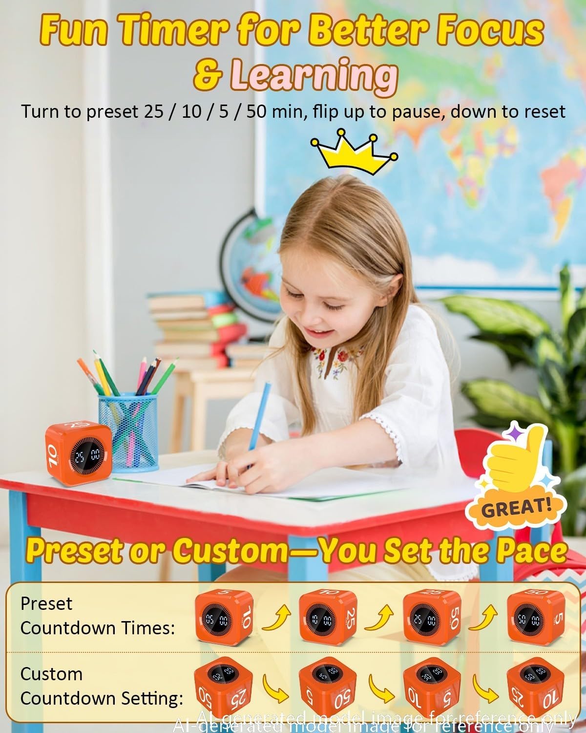 Digital Pomodoro Timer Cube 5/10/25/50min, Visual Productivity Flip Timer for Kids Classroom Desk, Custom Countdown, Silent and Sound Mode for ADHD Study Work Game Kitchen (Purple)