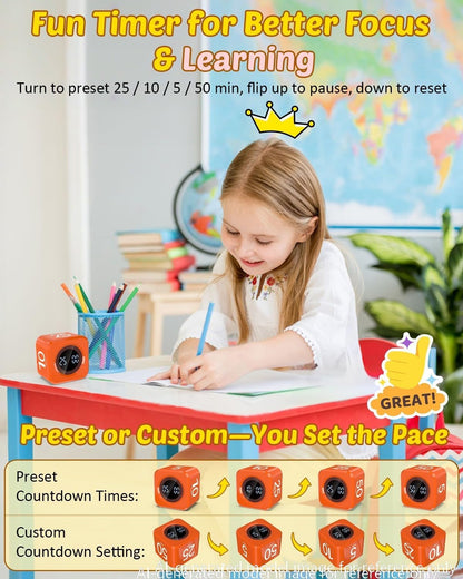 Digital Pomodoro Timer Cube 5/10/25/50min, Visual Productivity Flip Timer for Kids Classroom Desk, Custom Countdown, Silent and Sound Mode for ADHD Study Work Game Kitchen (Purple)
