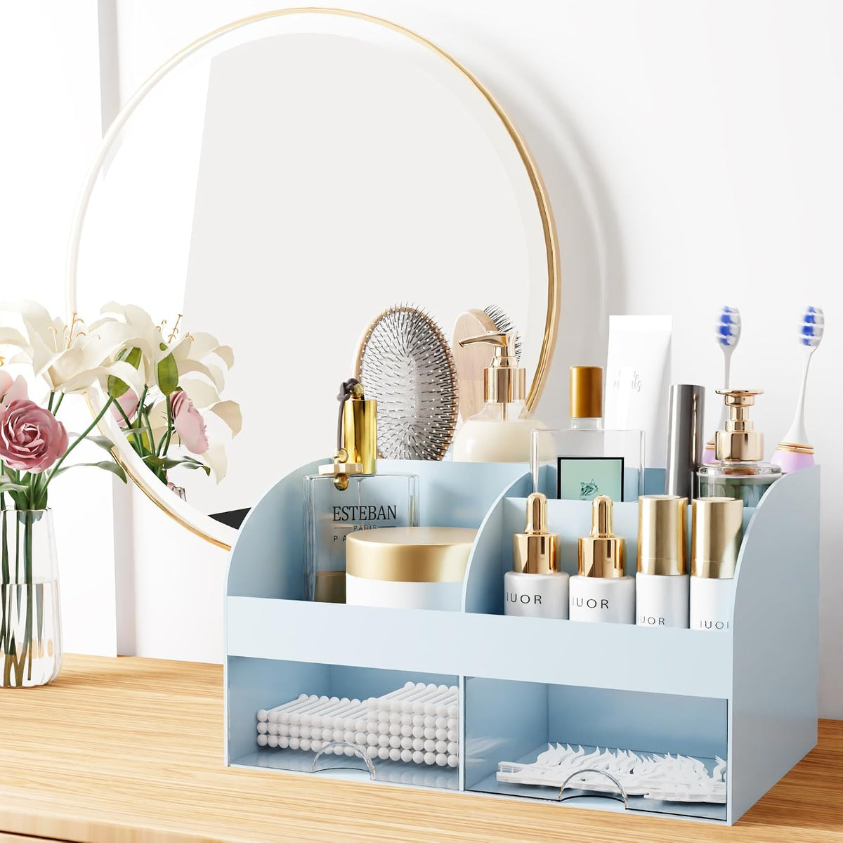 Makeup Organizer with Drawers, Cosmetic Storage for Dresser Vanity and Bathroom Countertop, Beauty Holder for Lipstick Brush, Skincare Organizer for Vanity, Cosmetic Display Case (White)