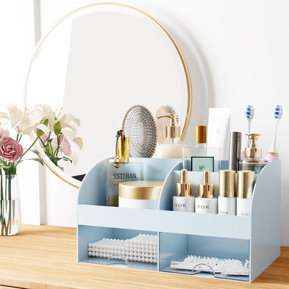 Makeup Organizer with Drawers, Cosmetic Storage for Dresser Vanity and Bathroom Countertop, Beauty Holder for Lipstick Brush, Skincare Organizer for Vanity, Cosmetic Display Case (White)
