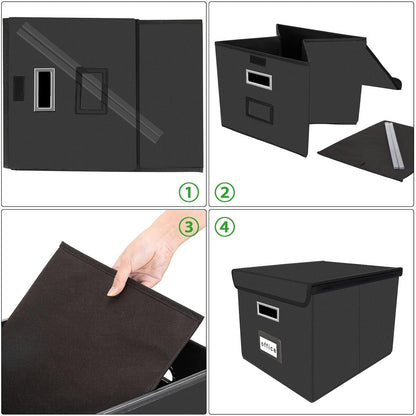 Upgraded Portable File Organizer Box with Lid, Collapsible Linen Hanging Filing Storage Boxes with Plastic Slides, Decorative Home/Office Filing System Box for File and Folders Storage (Gray)