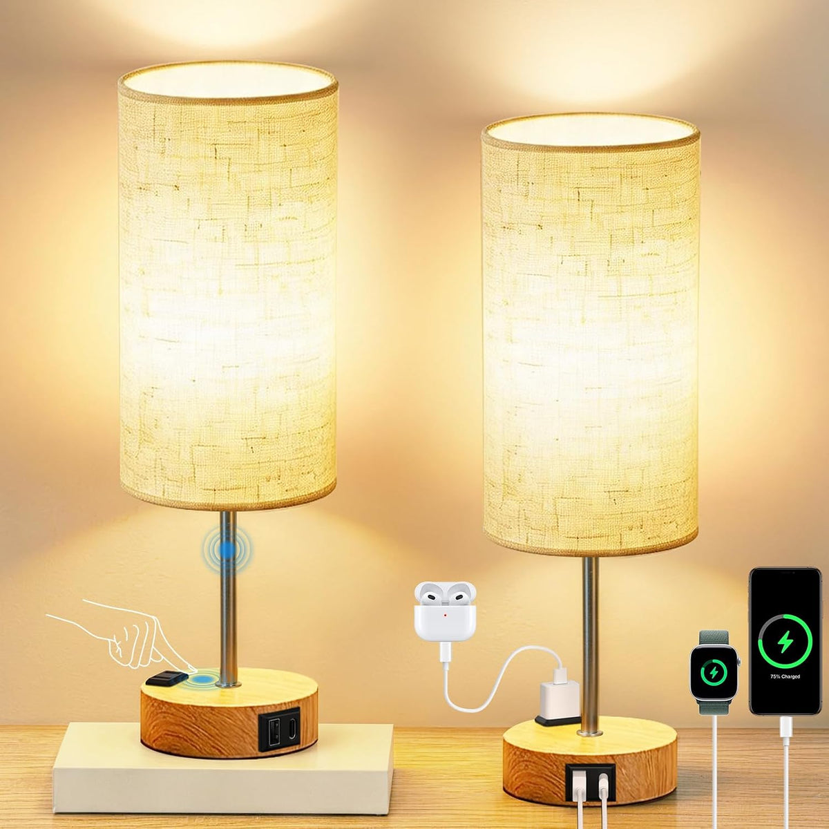 Table Lamp for Nightstand, High-Sensitivity Touch, 3-Level Dimmable Bedside Lamp with AC Outlet | USB | and USB-C, Ideal Night Stand Lamp for Bedroom, Reading, Living Room(Warm&Wooden)